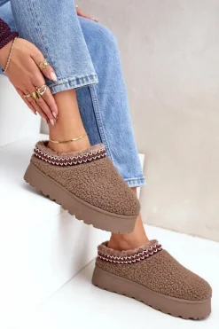 Śniegowce Kapcie Na Platformie Z Futerkiem Typu Baranek Brązowe Ovirissa