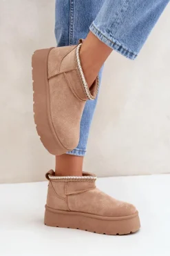 Śniegowce Na Platformie Z Ozdobnym Haftem Beżowe Heslania