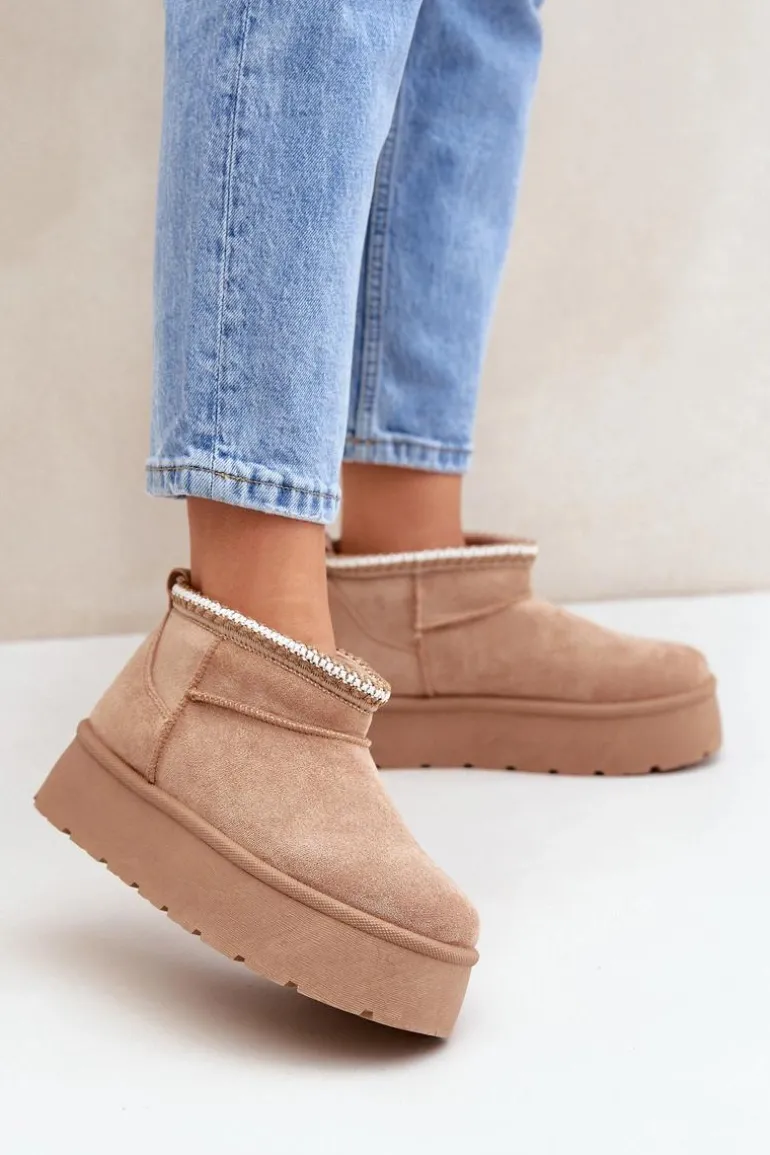 Śniegowce Na Platformie Z Ozdobnym Haftem Beżowe Heslania