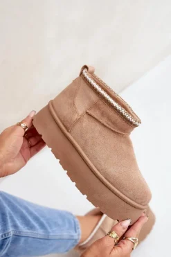 Śniegowce Na Platformie Z Ozdobnym Haftem Beżowe Heslania