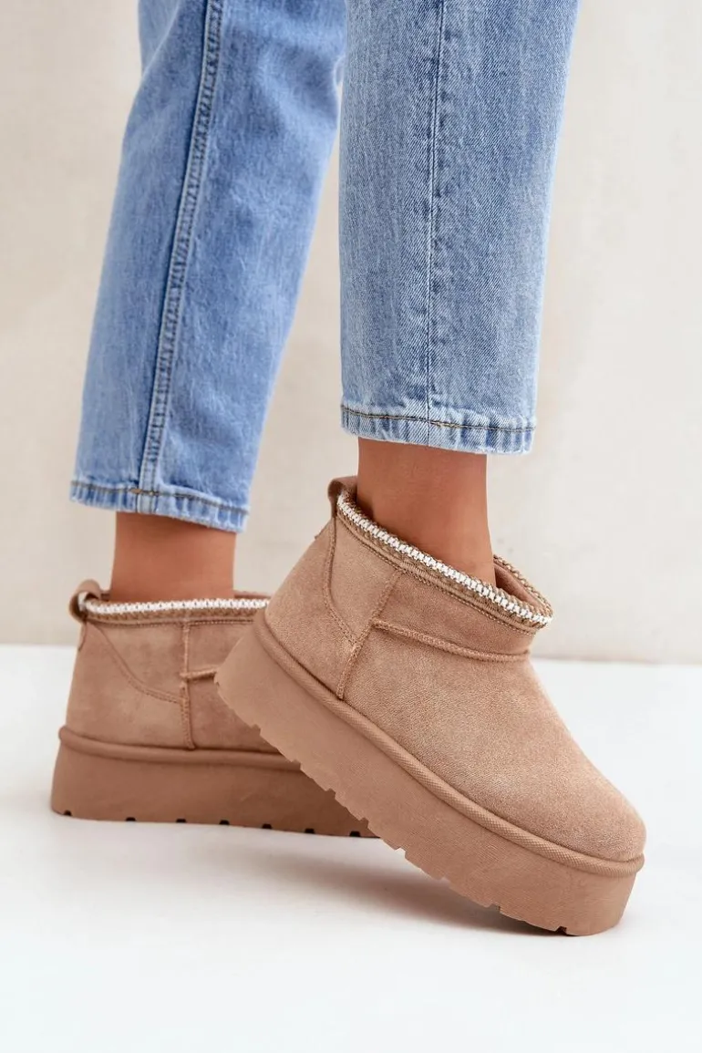 Śniegowce Na Platformie Z Ozdobnym Haftem Beżowe Heslania