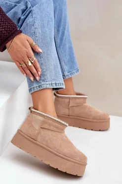 Śniegowce Na Platformie Z Ozdobnym Haftem Beżowe Heslania