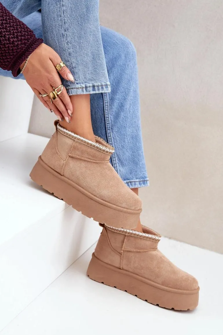 Śniegowce Na Platformie Z Ozdobnym Haftem Beżowe Heslania