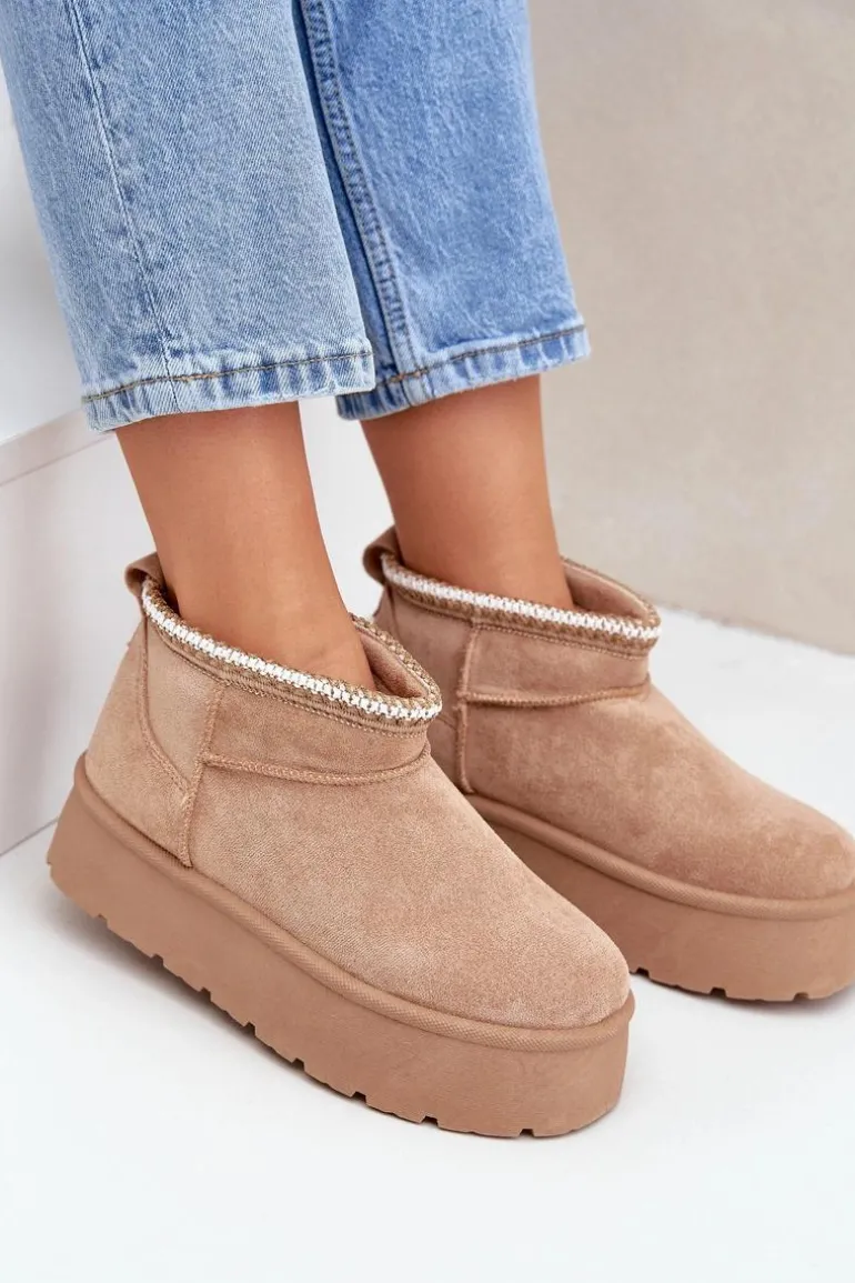 Śniegowce Na Platformie Z Ozdobnym Haftem Beżowe Heslania