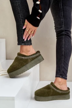 Śniegowce Na Platformie Z Futerkiem Typu Baranek Ciemnozielone Mesirra