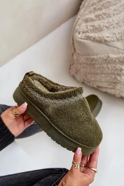 Śniegowce Na Platformie Z Futerkiem Typu Baranek Ciemnozielone Mesirra