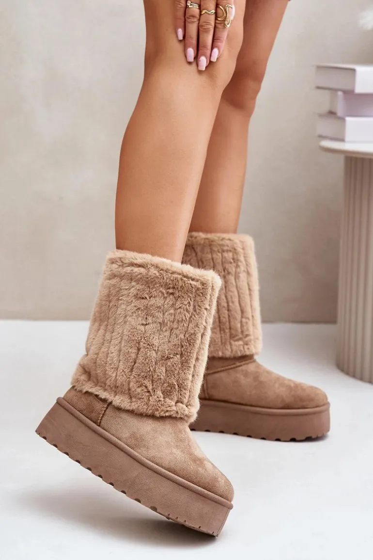 Śniegowce Na Platformie Z Wywiniętą Cholewką Beżowe Lisonea