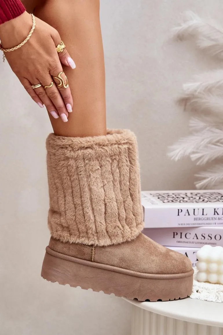 Śniegowce Na Platformie Z Wywiniętą Cholewką Beżowe Lisonea