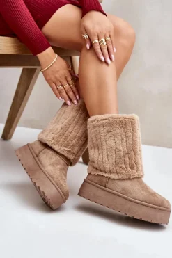 Śniegowce Na Platformie Z Wywiniętą Cholewką Beżowe Lisonea