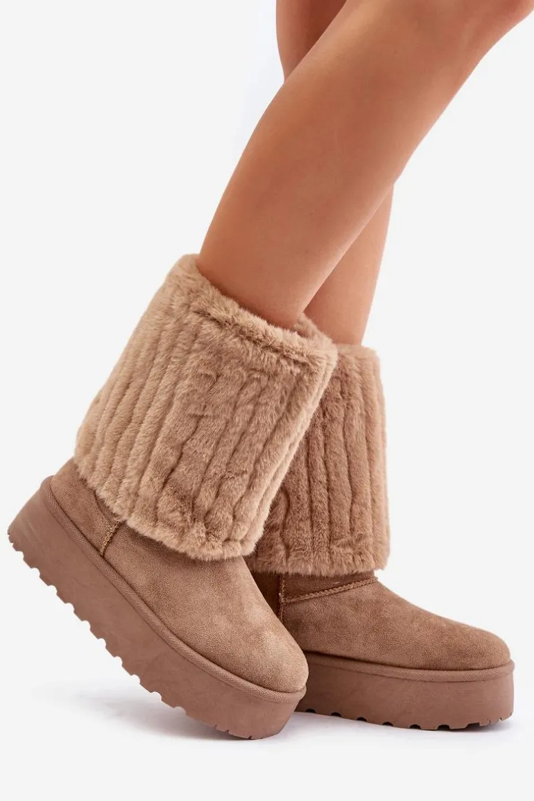 Śniegowce Na Platformie Z Wywiniętą Cholewką Beżowe Lisonea