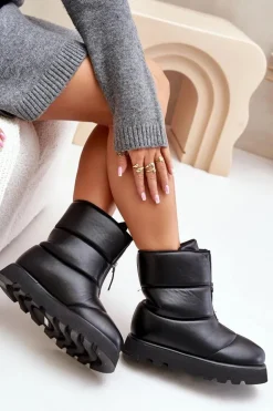 Śniegowce Na Platformie Z Zamkiem Eko Skórzane Czarne Resisia