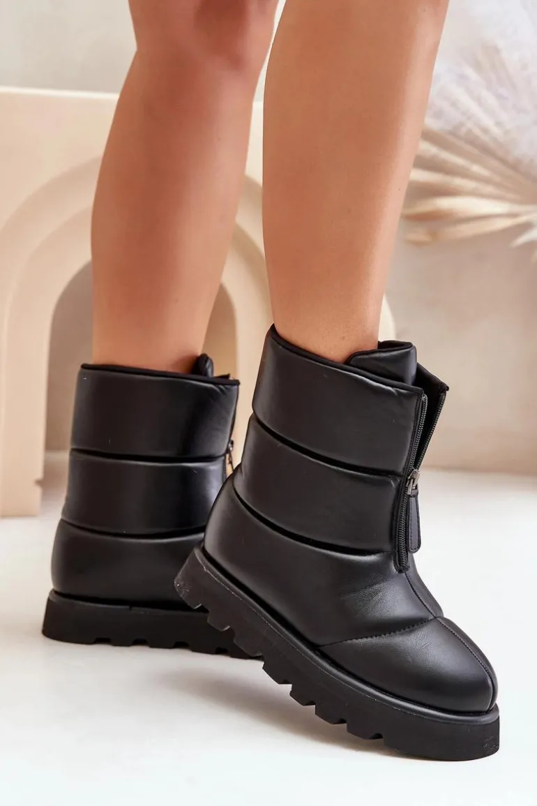 Śniegowce Na Platformie Z Zamkiem Eko Skórzane Czarne Resisia