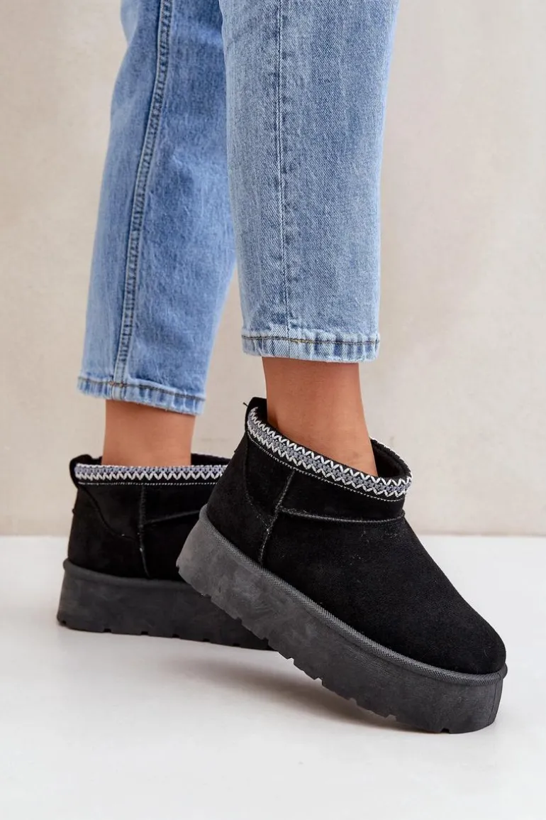 Śniegowce Na Platformie Z Ozdobnym Haftem Czarne Heslania