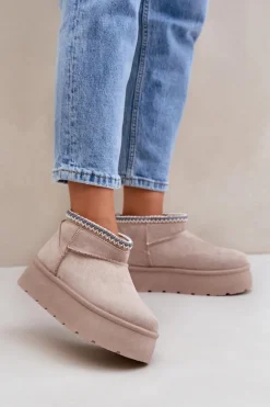 Śniegowce Na Platformie Z Ozdobnym Haftem Jasnobeżowe Heslania