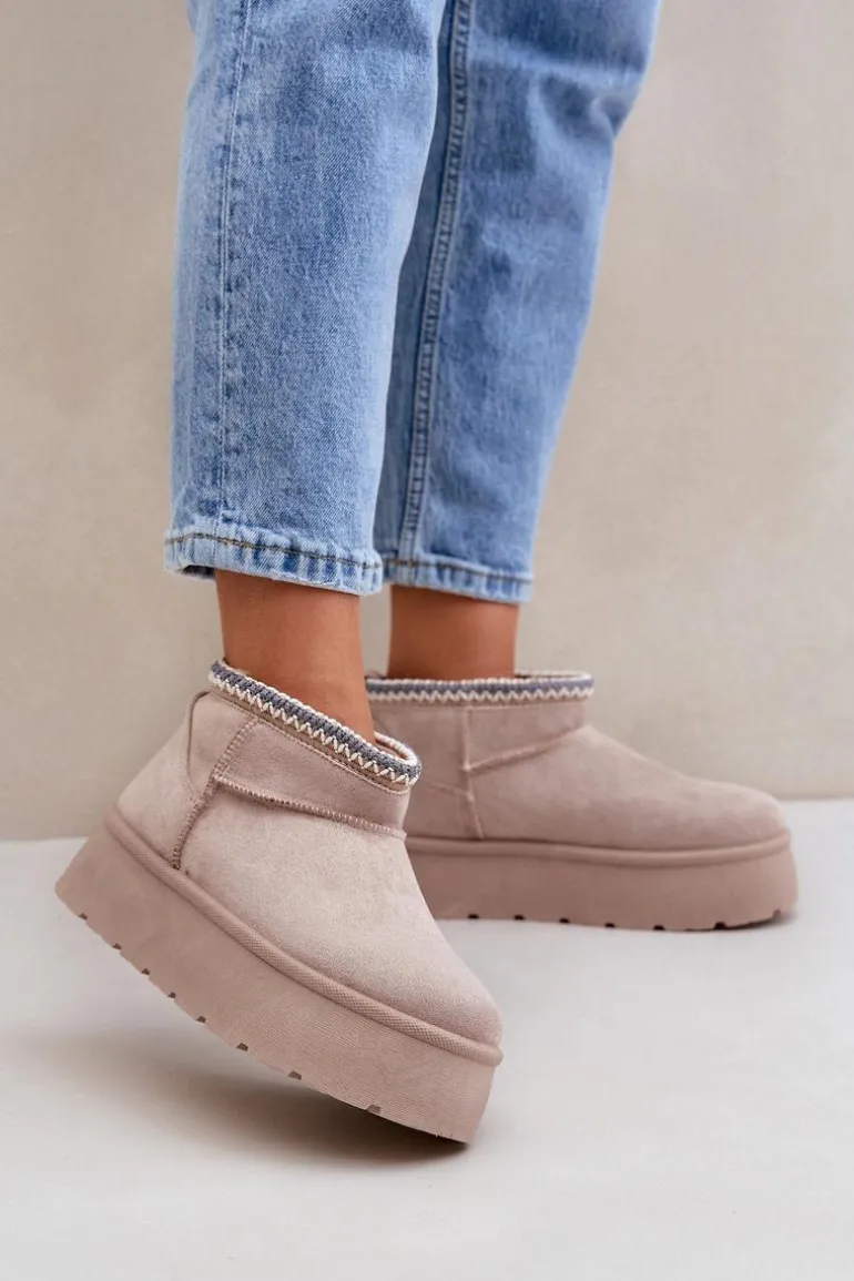 Śniegowce Na Platformie Z Ozdobnym Haftem Jasnobeżowe Heslania