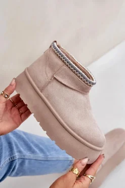 Śniegowce Na Platformie Z Ozdobnym Haftem Jasnobeżowe Heslania