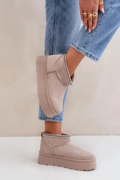 Śniegowce Na Platformie Z Ozdobnym Haftem Jasnobeżowe Heslania