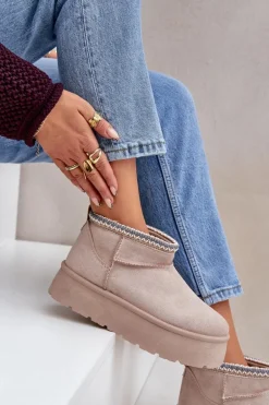 Śniegowce Na Platformie Z Ozdobnym Haftem Jasnobeżowe Heslania