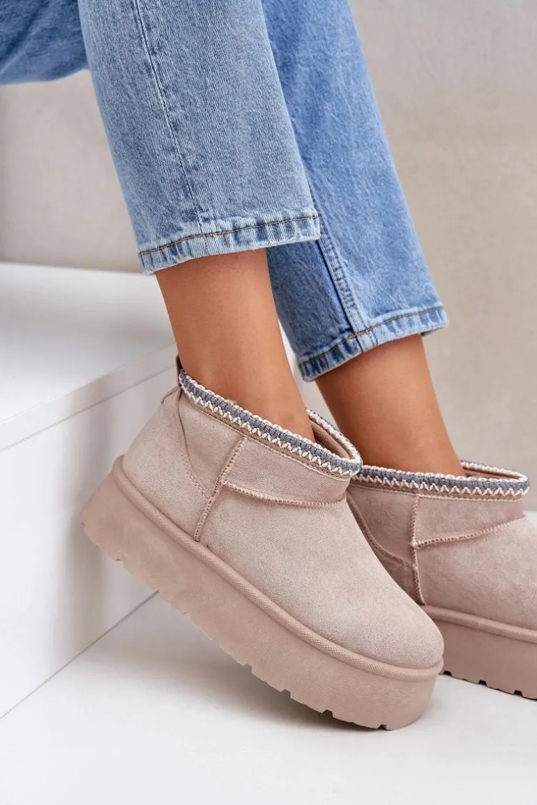 Śniegowce Na Platformie Z Ozdobnym Haftem Jasnobeżowe Heslania