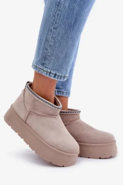 Śniegowce Na Platformie Z Ozdobnym Haftem Jasnobeżowe Heslania