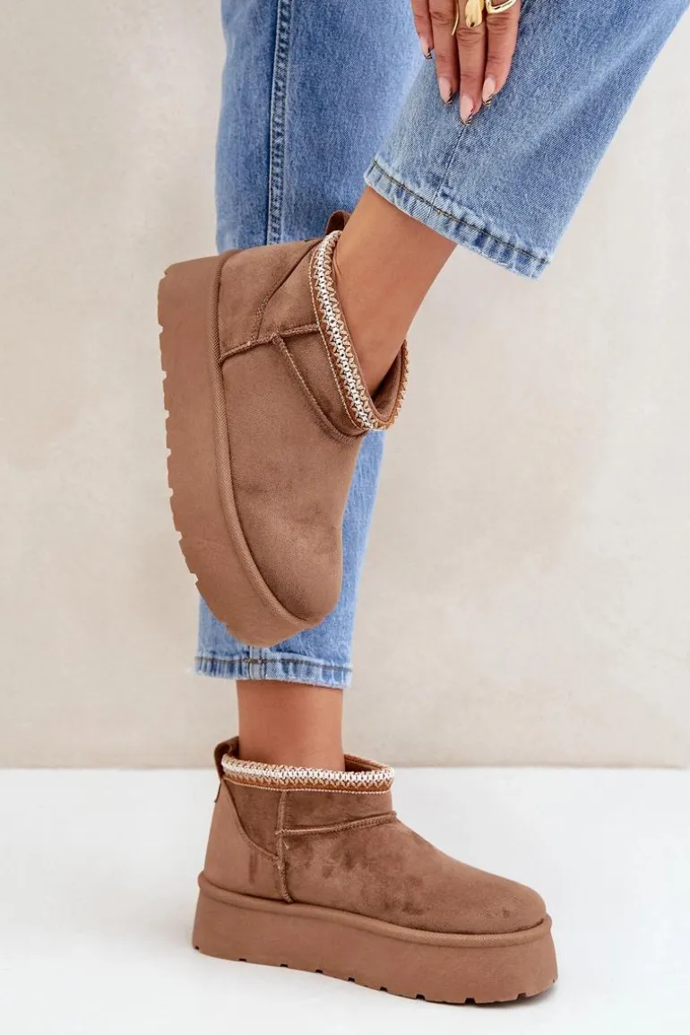 Śniegowce Na Platformie Z Ozdobnym Haftem Brązowe Heslania