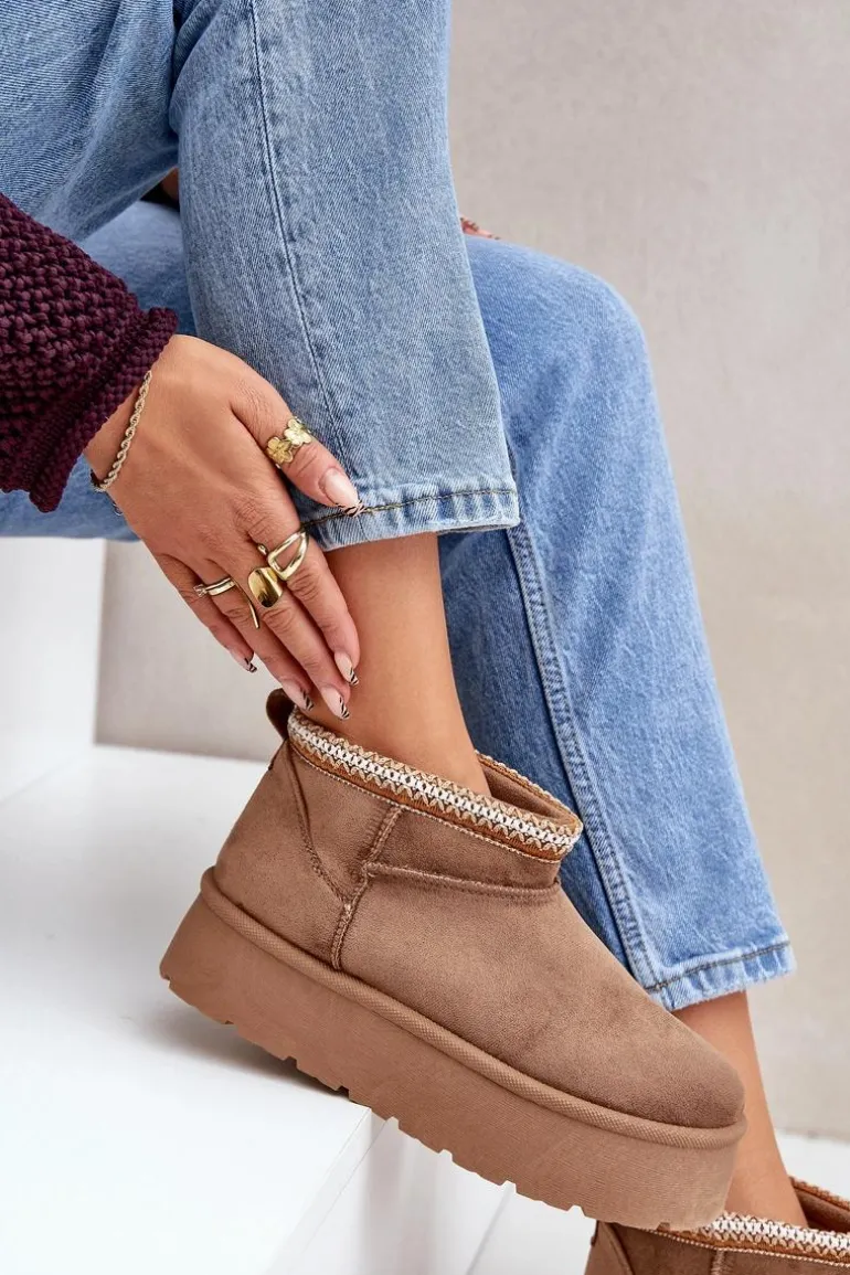 Śniegowce Na Platformie Z Ozdobnym Haftem Brązowe Heslania