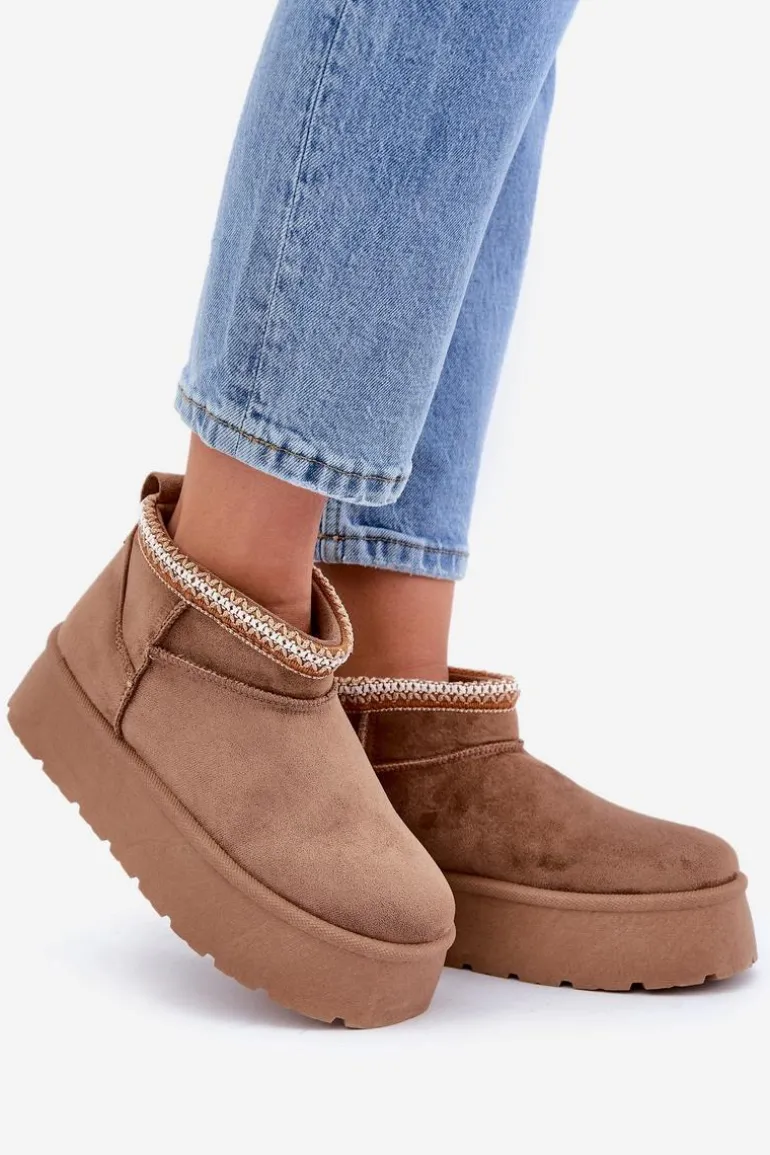 Śniegowce Na Platformie Z Ozdobnym Haftem Brązowe Heslania