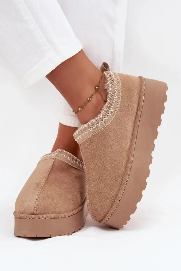 Śniegowce Niskie Damskie Z Haftem Na Platformie Beżowe Taliah