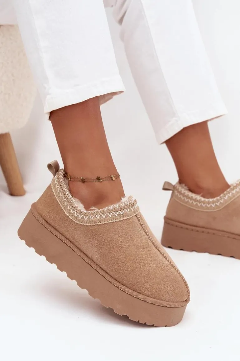 Śniegowce Niskie Damskie Z Haftem Na Platformie Beżowe Taliah