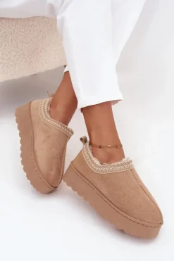 Śniegowce Niskie Damskie Z Haftem Na Platformie Beżowe Taliah