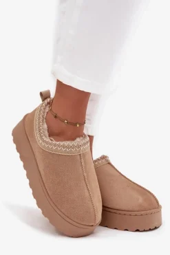 Śniegowce Niskie Damskie Z Haftem Na Platformie Beżowe Taliah