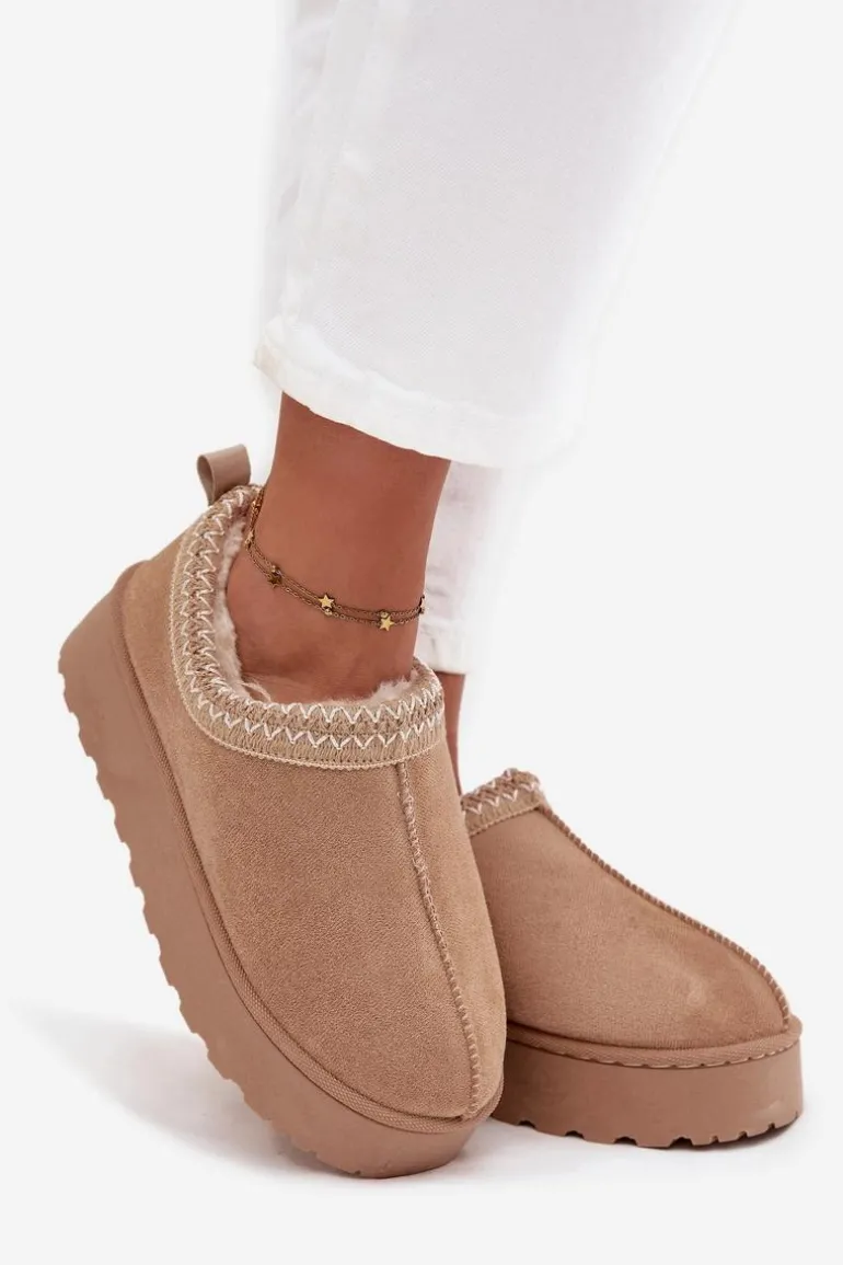 Śniegowce Niskie Damskie Z Haftem Na Platformie Beżowe Taliah