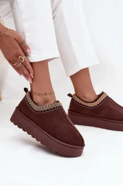 Śniegowce Niskie Damskie Z Haftem Na Platformie Czekoladowe Taliah