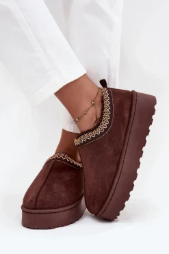 Śniegowce Niskie Damskie Z Haftem Na Platformie Czekoladowe Taliah