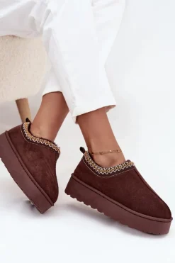 Śniegowce Niskie Damskie Z Haftem Na Platformie Czekoladowe Taliah