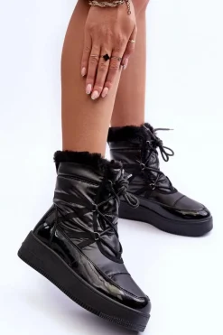 Śniegowce Sznurowane Damskie Z Futerkiem Czarne Lexxina