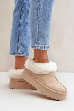 Śniegowce Z Niską Cholewką Z Futerkiem Na Platformie Eko Zamszowe Jasnobeżowe Neathoria