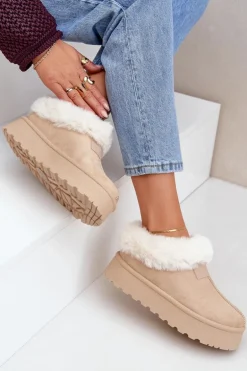 Śniegowce Z Niską Cholewką Z Futerkiem Na Platformie Eko Zamszowe Jasnobeżowe Neathoria