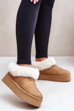 Śniegowce Z Niską Cholewką Z Futerkiem Na Platformie Eko Zamszowe Camel Neathoria