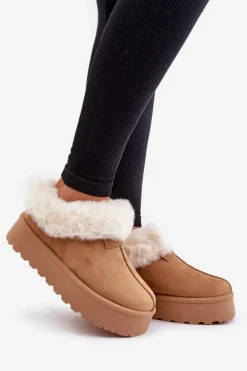 Śniegowce Z Niską Cholewką Z Futerkiem Na Platformie Eko Zamszowe Camel Neathoria