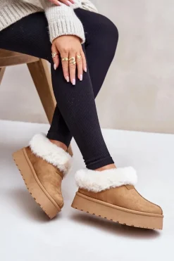 Śniegowce Z Niską Cholewką Z Futerkiem Na Platformie Eko Zamszowe Camel Neathoria