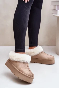 Śniegowce Z Niską Cholewką Z Futerkiem Na Platformie Eko Zamszowe Ciemnobeżowe Neathoria