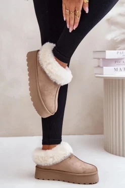 Śniegowce Z Niską Cholewką Z Futerkiem Na Platformie Eko Zamszowe Ciemnobeżowe Neathoria