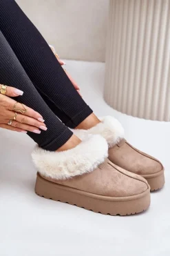 Śniegowce Z Niską Cholewką Z Futerkiem Na Platformie Eko Zamszowe Ciemnobeżowe Neathoria