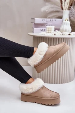 Śniegowce Z Niską Cholewką Z Futerkiem Na Platformie Eko Zamszowe Ciemnobeżowe Neathoria