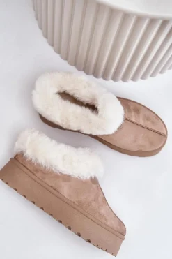 Śniegowce Z Niską Cholewką Z Futerkiem Na Platformie Eko Zamszowe Ciemnobeżowe Neathoria