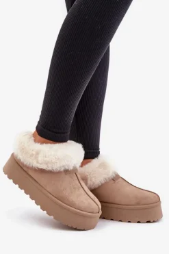 Śniegowce Z Niską Cholewką Z Futerkiem Na Platformie Eko Zamszowe Ciemnobeżowe Neathoria