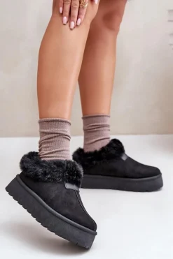 Śniegowce Z Niską Cholewką Z Futerkiem Na Platformie Eko Zamszowe Czarne Neathoria