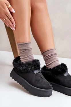 Śniegowce Z Niską Cholewką Z Futerkiem Na Platformie Eko Zamszowe Czarne Neathoria