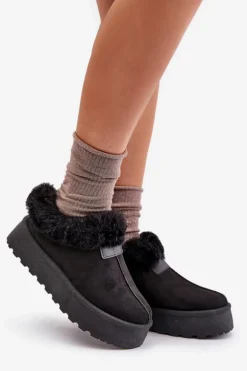 Śniegowce Z Niską Cholewką Z Futerkiem Na Platformie Eko Zamszowe Czarne Neathoria